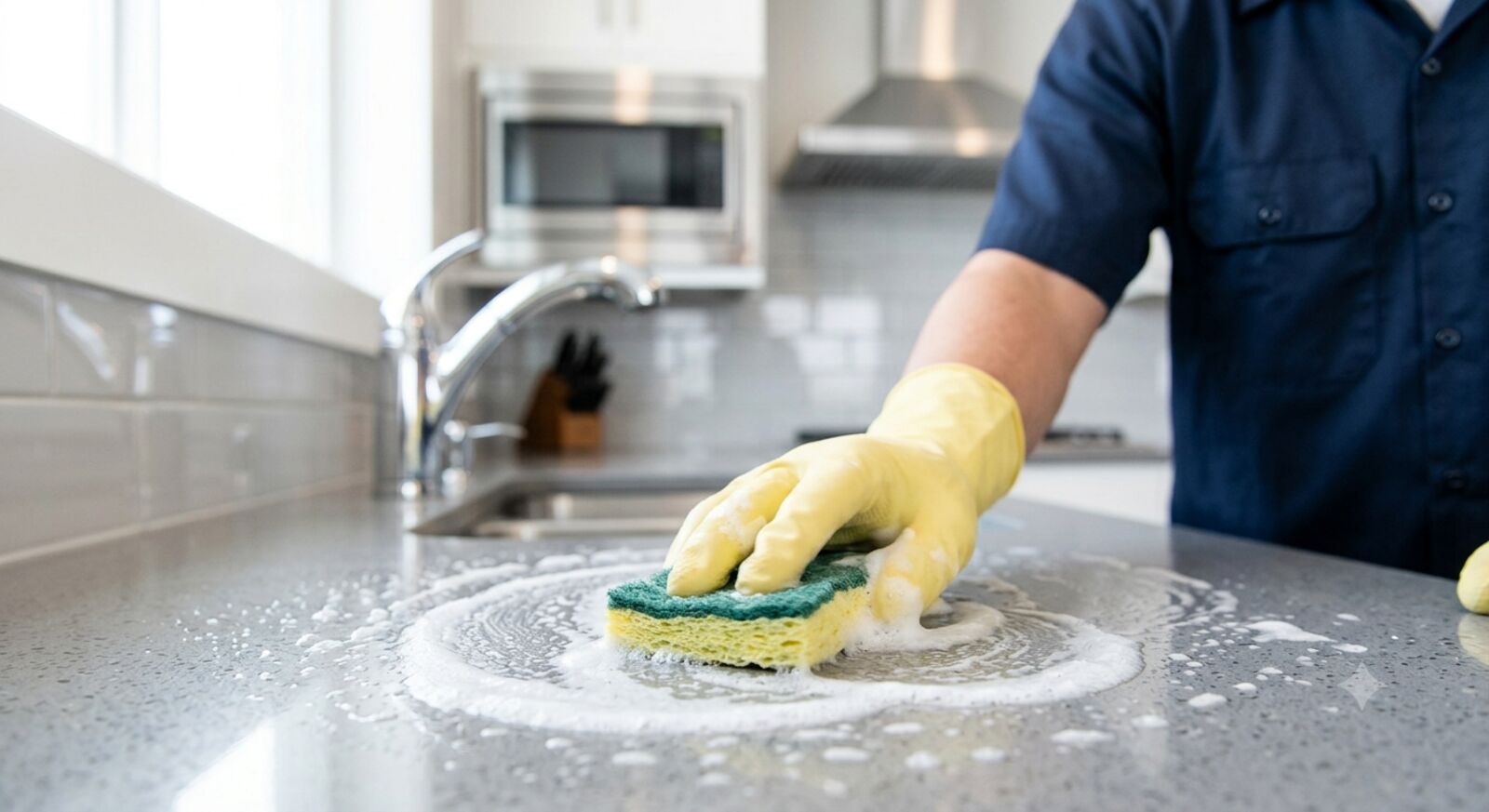 Cleaner scrubbing a kitchen countertop