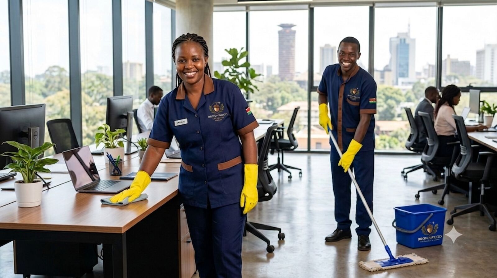 Brownwood cleaning team in a bright Nairobi office