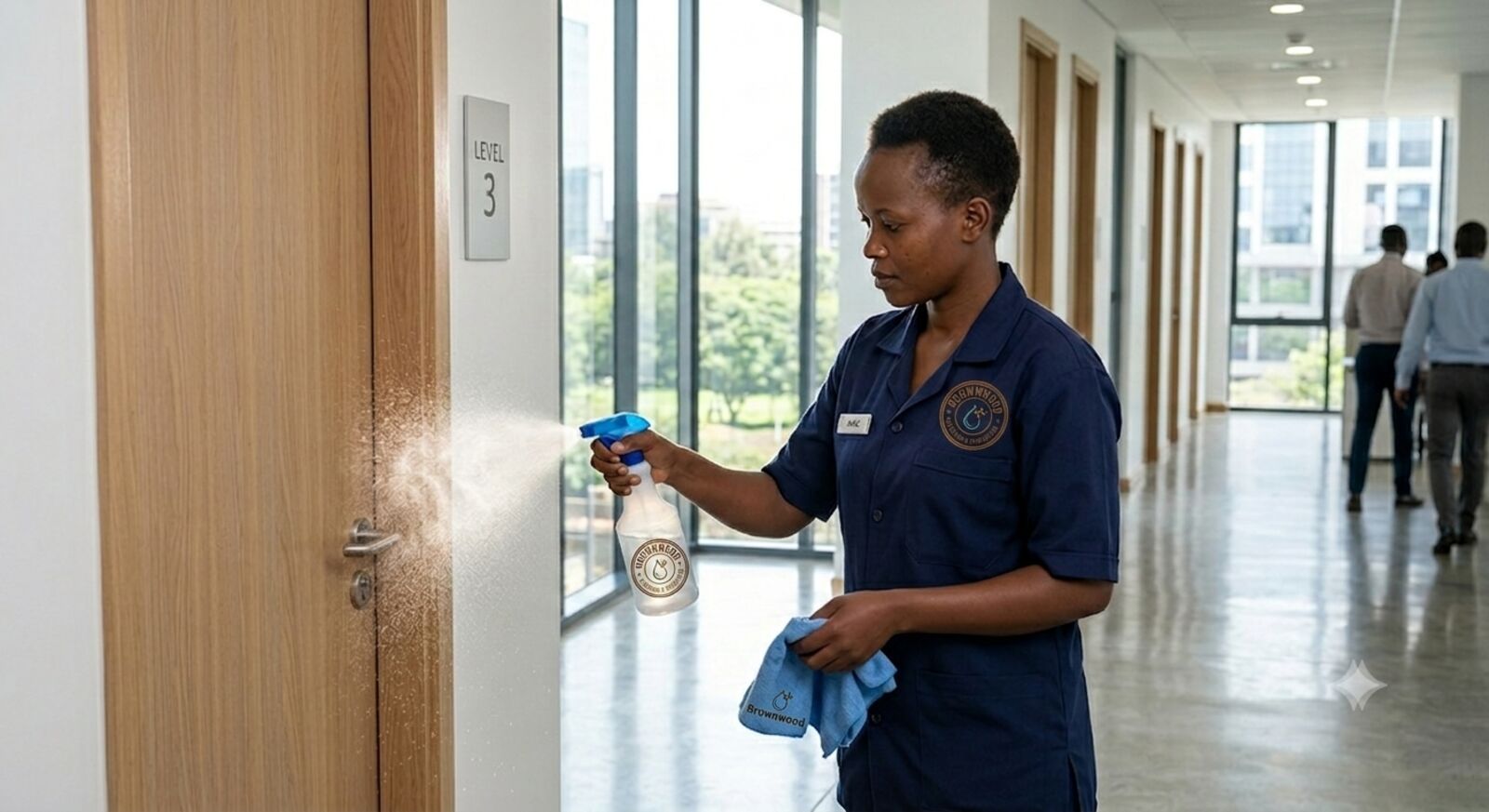Brownwood cleaner sanitizing a door in an office hallway
