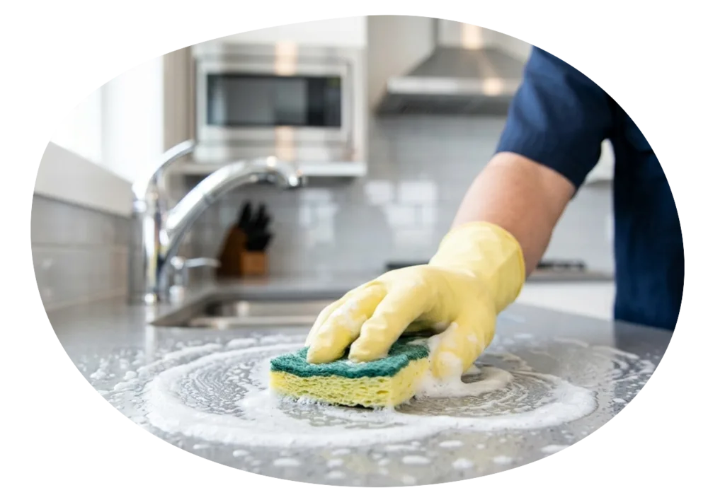 Brownwood cleaner scrubbing a kitchen countertop